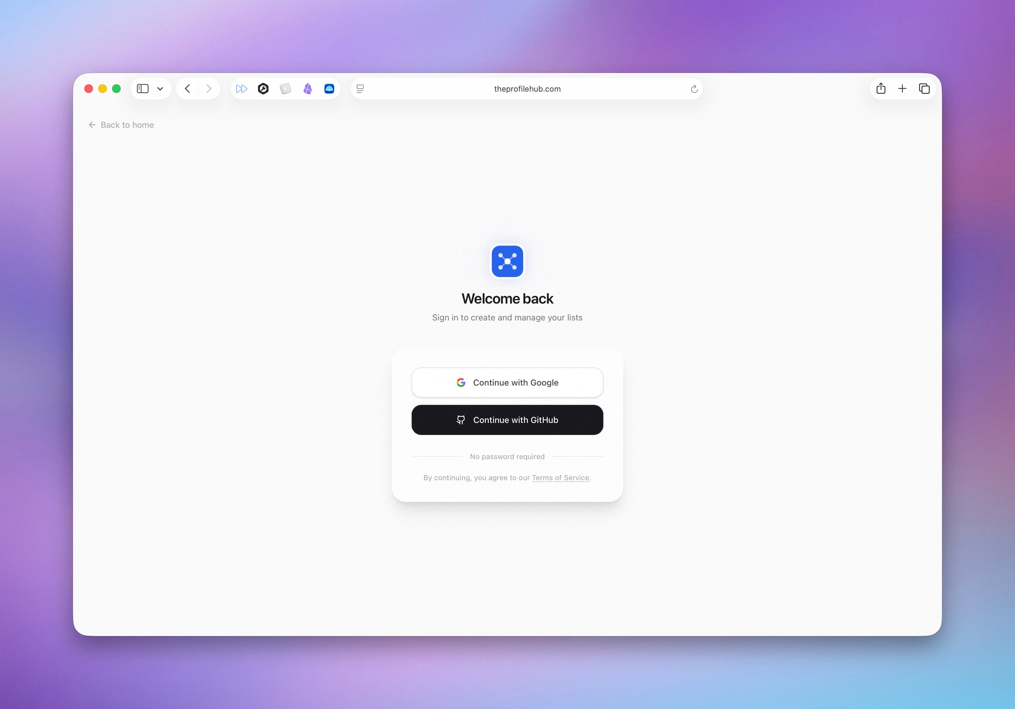 The Profile Hub login page