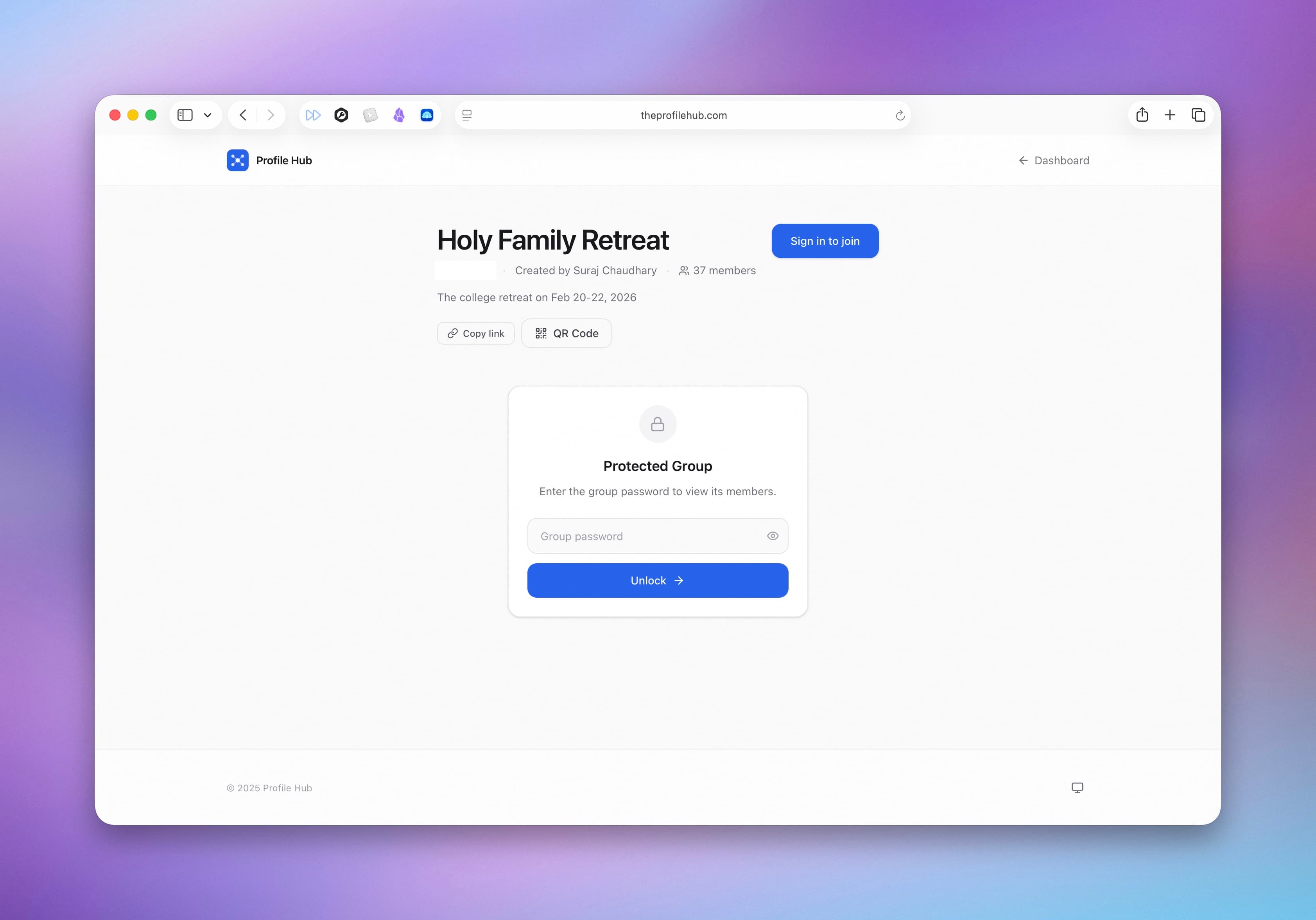 The Profile Hub password-protected group page