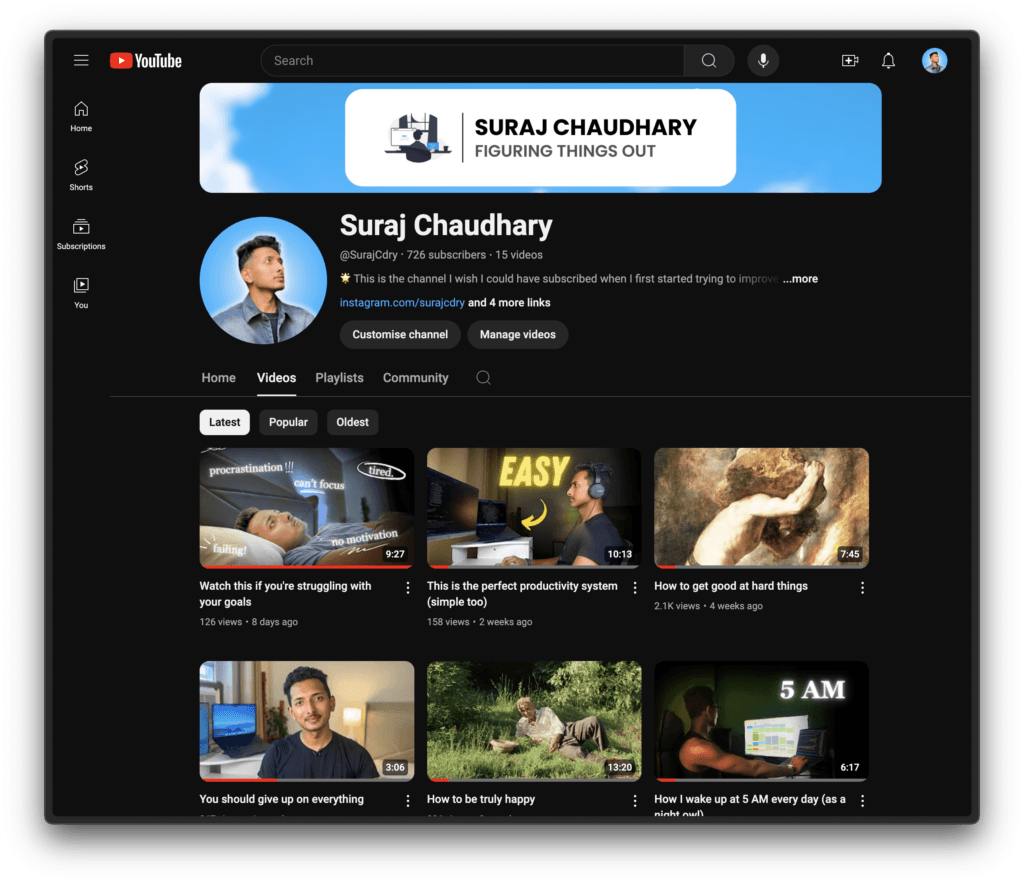 The statistics of my channel "Suraj Chaudhary" as on September 5, 2024